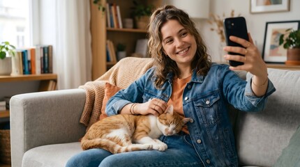 Naklejka na ściany i meble A young woman sitting on a couch with her cat taking a selfie