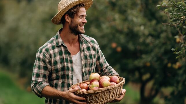 Happy man harvesting apples in orchard during autumn wearing straw hat and plaid shirt with basket of fresh fruits