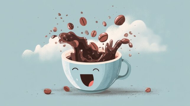 Fun and Whimsical Coffee Cup with Splashing Liquid and Beans in a Playful Cartoon Style