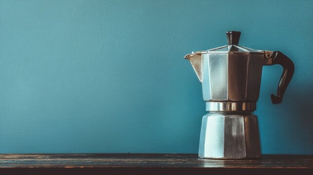 Classic Stovetop Espresso Maker on a Wooden Surface Against a Blue Wall Background for Coffee Lovers and Cooking Enthusiasts