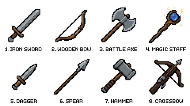 Collection of Pixel Art Weapons for Retro Video Game Design