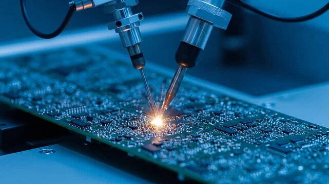 Industrial robot laser welding electronic circuit board with sparks