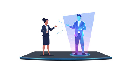 Obraz premium Businesswoman interacting with virtual colleague in office