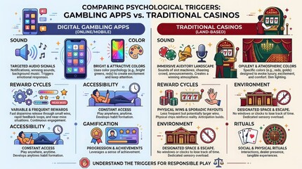 Fototapeta premium Infographic comparing psychological triggers in gambling apps and traditional casinos