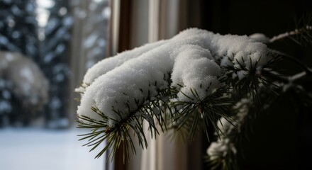 Obraz premium Snow covered pine branch in winter light