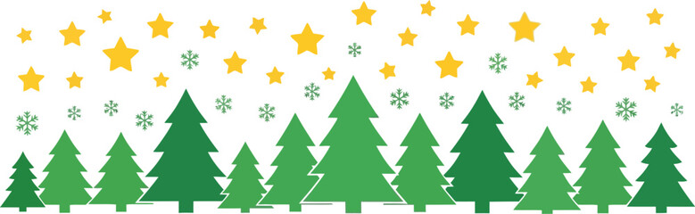 Obraz premium Christmas Pine Tree Forest Vector Border with Golden Stars and Snowflakes Design Concept