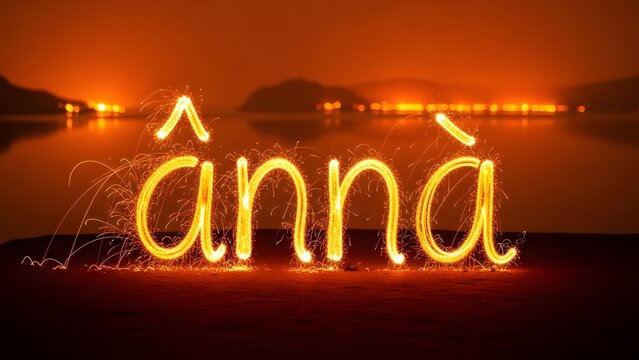 Sparkling light painting of the word 'anna' against a serene waterscape at dusk
