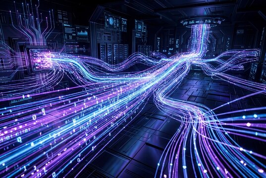 Futuristic data center with glowing blue and purple data flow cables and server racks