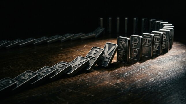 Symbolic dominoes shaped like currency symbols toppling in a chain reaction