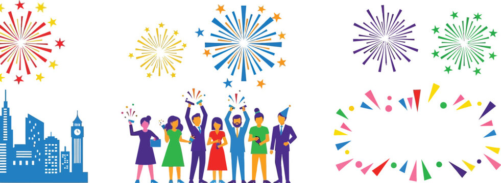 New Year Party Celebration Vector Banner with Fireworks People and City Skyline Background