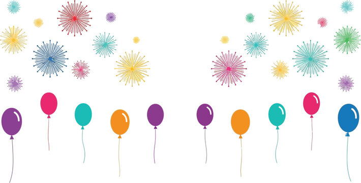 New Year Party Icon Set with Colorful Fireworks Hats and Confetti Design Concept