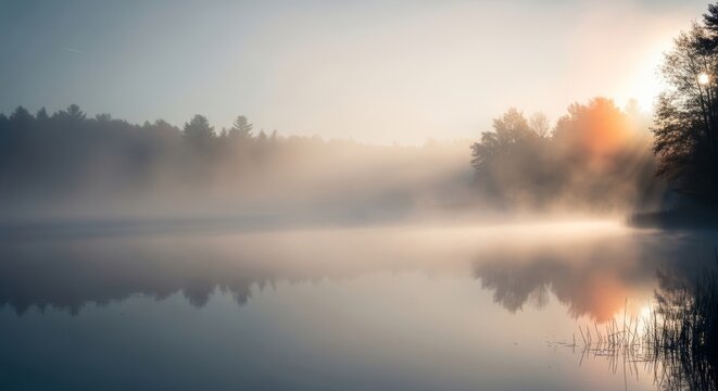 Misty Sunrise Over a Calm Lake and Forest
