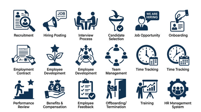 HR Management Icons: Recruitment, Hiring, Onboarding, Performance, Feedback