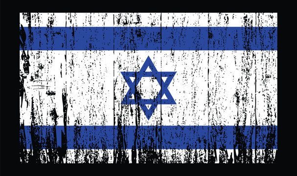 Distressed Israeli flag with Star of David emblem and blue stripes on textured background