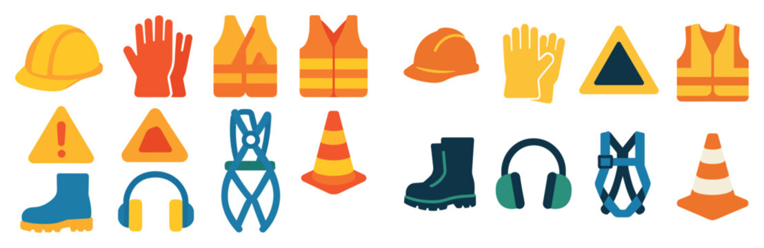 Construction icons with helmet vest cone flat