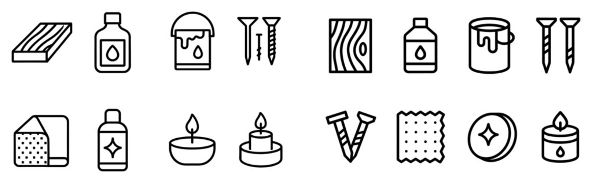 Woodwork icons with plank paint screw outline