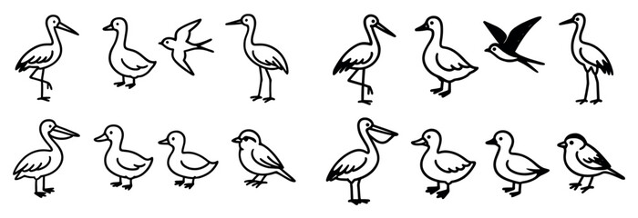 Fototapeta premium Bird icons with duck seagull and tern outline