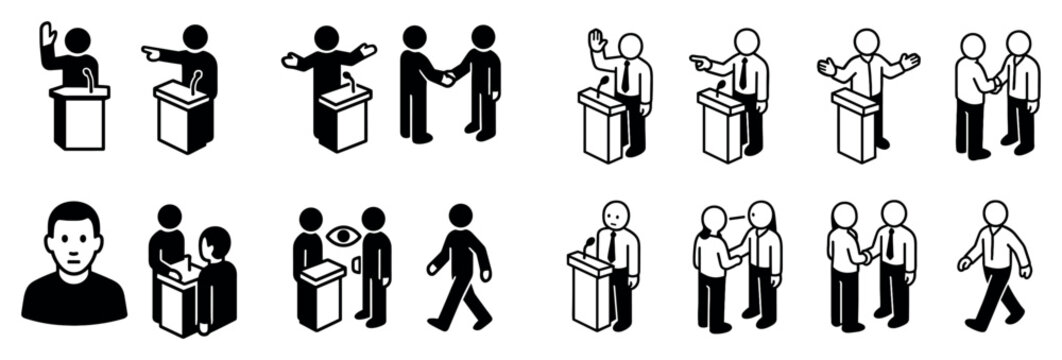 Public speaking icons with podium handshake minimal