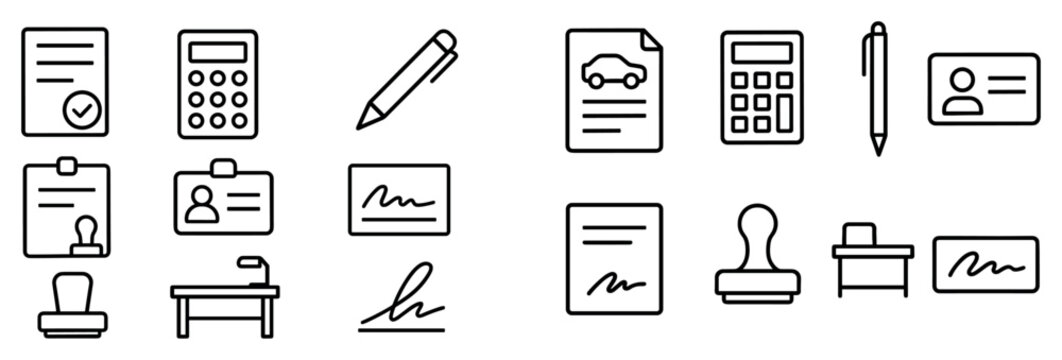 Office icons with document calculator pen outline
