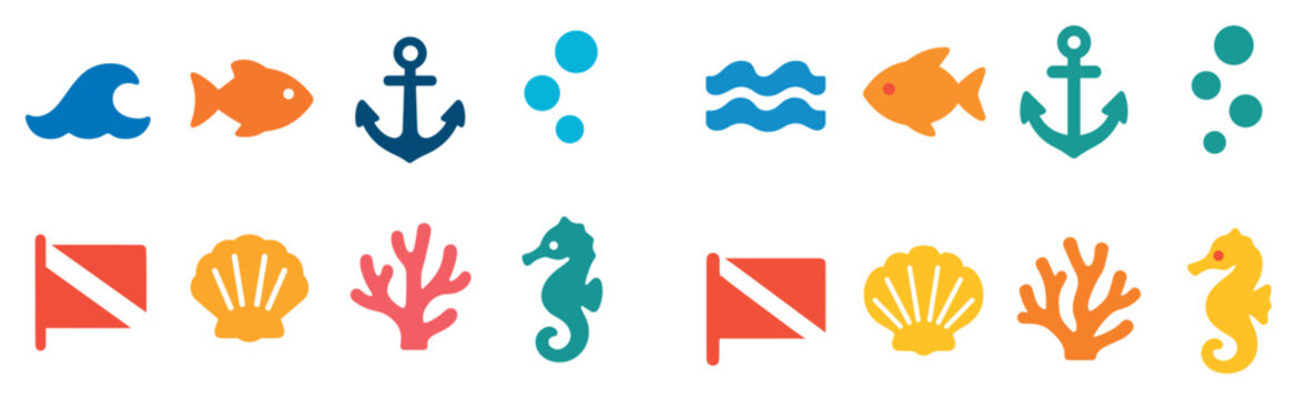 Marine icons with fish anchor flat style