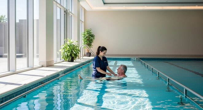 Physical therapist assists senior man in therapeutic swimming pool for rehabilitation and recovery