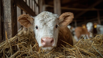 Fototapeta premium Calf eats hay in barn.