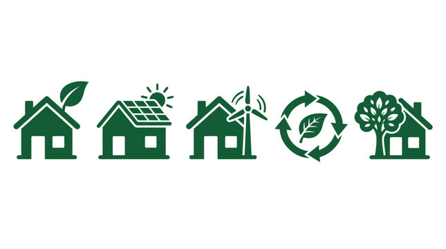 Eco-friendly houses icons: renewable energy, sustainability, green living