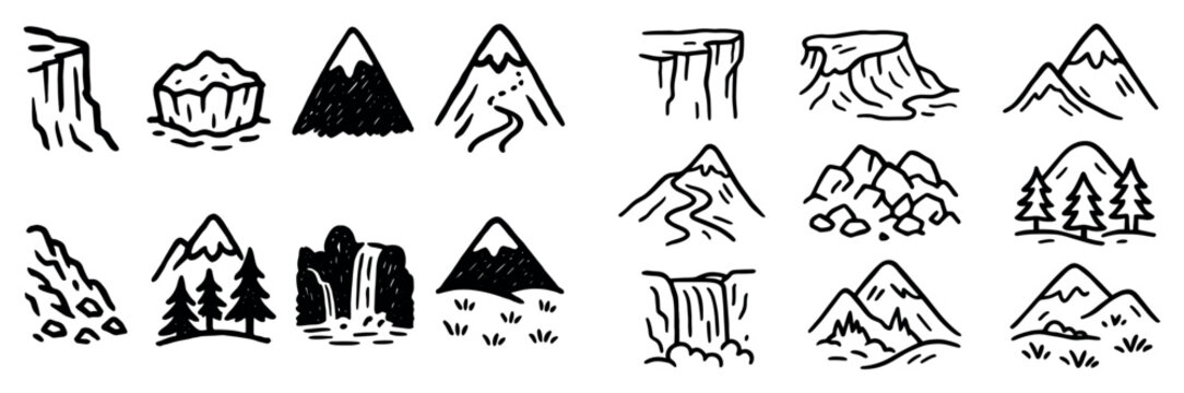 Landscape icons with mountain waterfall cliff sketch