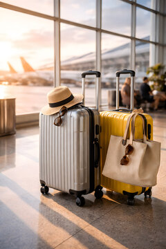 Two suitcases with hat and bag standing in airport terminal with airplanes outside, symbolizing travel, vacation and departure.