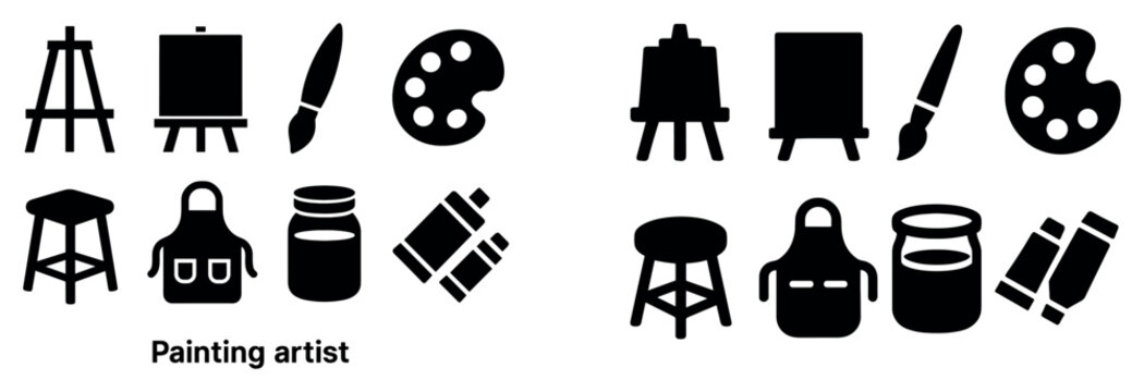 Painting icons with easel brush palette silhouette