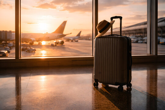 Single suitcase with hat near airport window during sunset with airplane outside, representing travel anticipation and journey start.