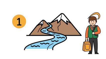 Fototapeta premium Illustration of a person with a bag next to mountains and a river in a simplified cartoon style
