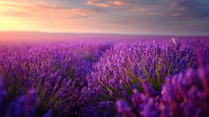 Obraz premium Stunning Lavender Fields Under Beautiful Sunset Glow with Vibrant Colors in Scenic Landscape of Nature's Beauty