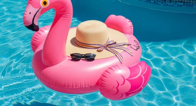 Pink flamingo float with hat and sunglasses in pool