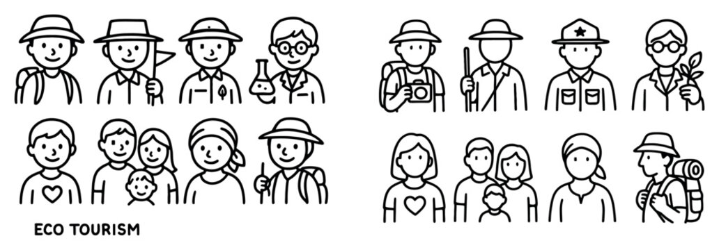 Eco tourism icons with hikers backpacks and camera outline