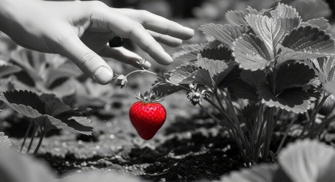 Hand Reaches for Ripe Red Strawberry in Garden