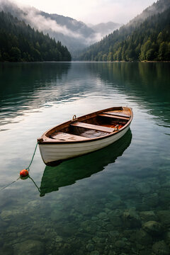 Small wooden rowboat tied on crystal clear lake surrounded by forested mountains and soft mist, creating peaceful natural scenery.
