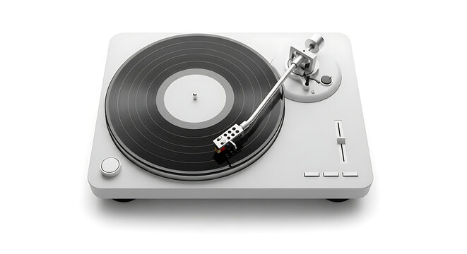 Modern white vinyl record player with a black analog disc spinning on the platter, contemporary turntable audio equipment for high fidelity music listening isolated on a clean white background