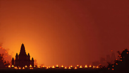Fototapeta premium Silhouette of Ancient Temple with Glowing Lanterns at Sunset