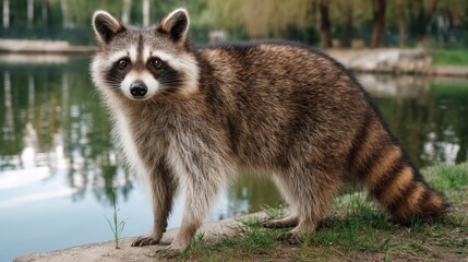 Obraz premium Curious raccoon standing near water's edge, showcasing its distinctive fur and playful demeanor in a natural setting