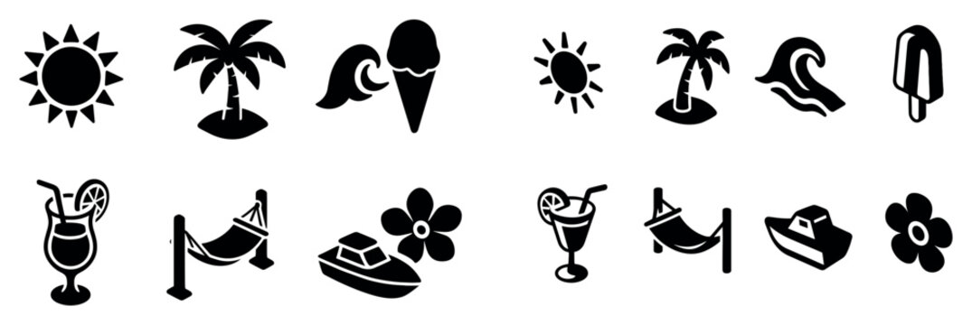Summer icons with sun palm wave icecream flat