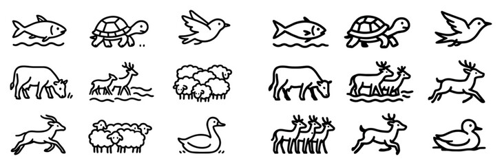 Fototapeta premium Wildlife icons with fish turtles and deer lineart