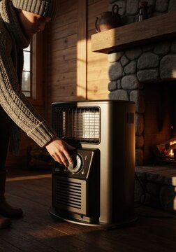 Man adjusts a space heater in a cozy cabin