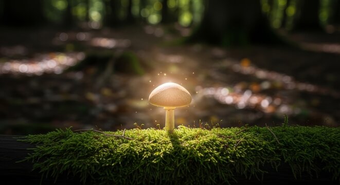 Mushroom on mossy log in forest light