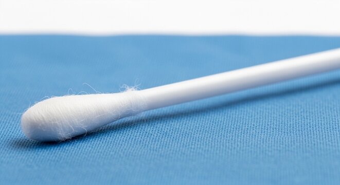 Close up of a clean white cotton swab with fluffy tip lying on a textured blue fabric surface, with shallow depth of field