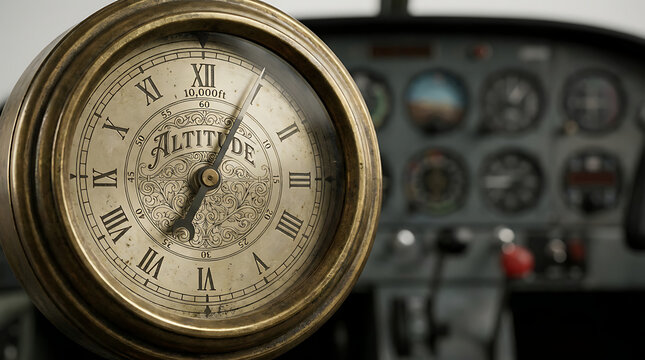 Antique brass altimeter on an aircraft cockpit panel, measuring flight altitude with vintage roman numerals.