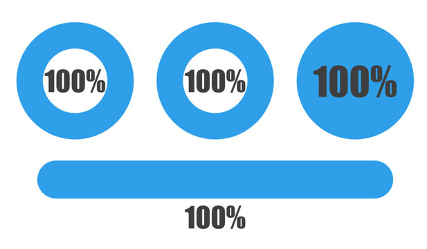 100％の円グラフとプログレスバーセット パーセンテージ表示アイコン素材100 Percent Chart and Progress Bar Set Circle Graph and UI Elements
