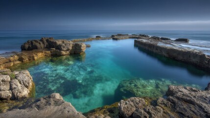Fototapeta premium Tranquil Coastal Pool Surrounded by Rocky Shoreline in a Scenic Ocean Landscape