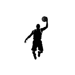 Silhouette of a basketball player in mid-air performing a slam dunk. © indah