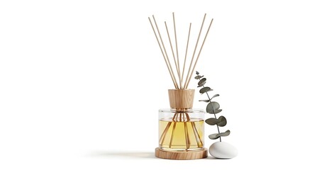 Fototapeta premium A glass reed diffuser with wooden cap and sticks, accompanied by a eucalyptus branch and a white stone, isolated on white background